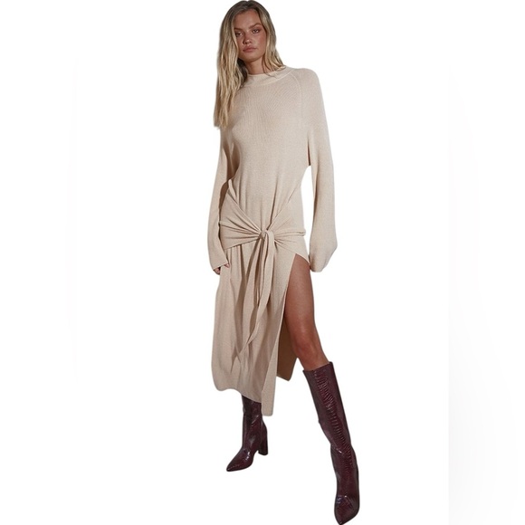 SNDYS Everyday Revolve Tied Up Ribbed Knit Dress Long‎ Sleeve Beige Size Small - Picture 1 of 9